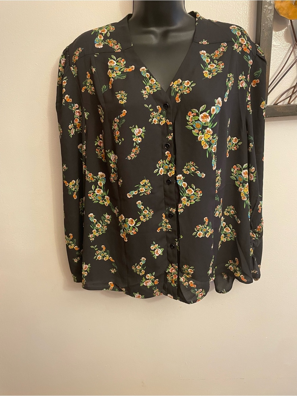 CAbi Black Floral V-Neck Button Front Blouse